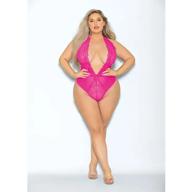 Euphoria Neon Deep V Teddy Neon Pink QN - Lingerie - Plus/Queen - Packaged
