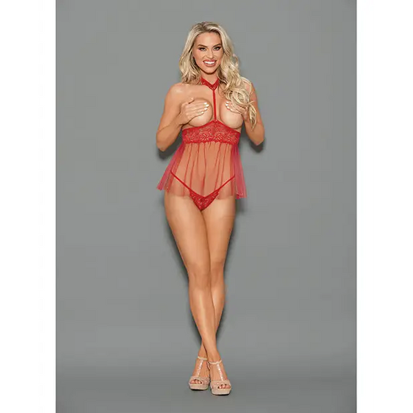 Euphoria Open Top Choker Attached Babydoll w/Open Crotch Panty Red O/S - Lingerie - Packaged
