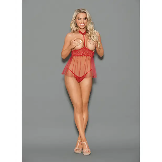 Euphoria Open Top Choker Attached Babydoll w/Open Crotch Panty Red O/S - Lingerie - Packaged