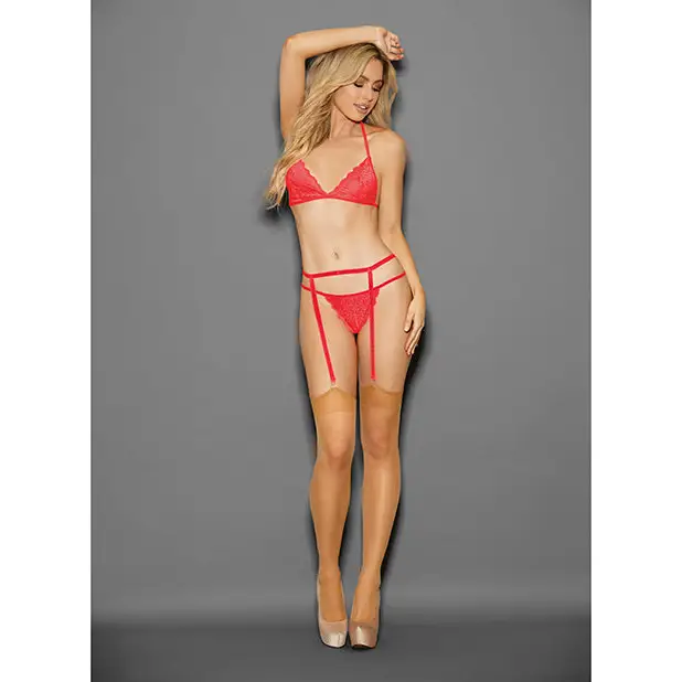 Euphoria Tri Top Bra Garterbelt G-String & Hose Blazing Coral O/S - Lingerie - Packaged