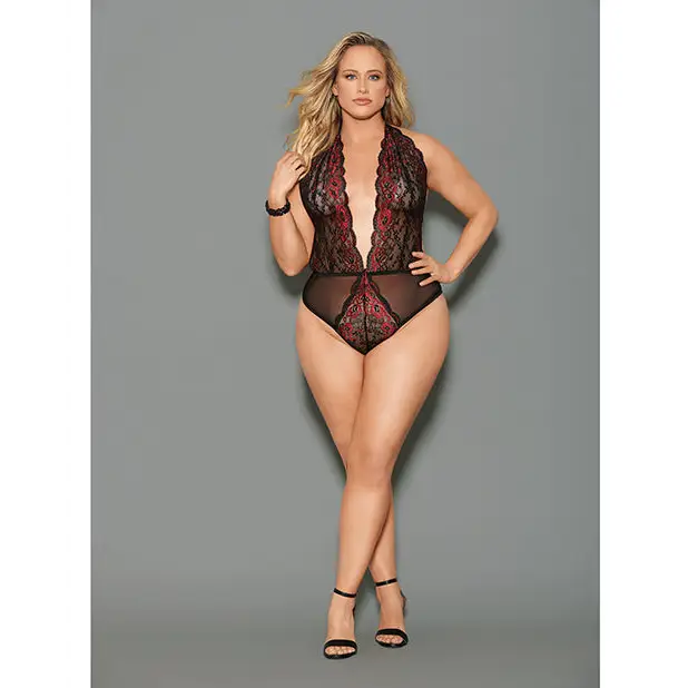 Euphoria Two Tone Lace Halter Crotch Closure Teddy Blk/Red QN - Lingerie - Plus/Queen - Packaged