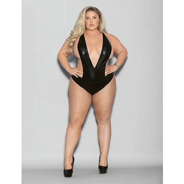 Euphoria Wet Look Deep V Teddy Black O/Q - Lingerie - Plus/Queen - Packaged