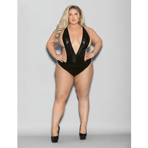 Euphoria Wet Look Deep V Teddy Black O/Q - Lingerie - Plus/Queen - Packaged