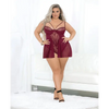 European Lace Teddy Babydoll Wine 1X - Lingerie - Plus/Queen - Hanging