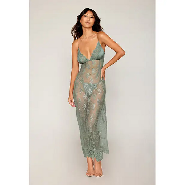 Eyelash Lace & Satin Long Chemise w/G-String - Sage Green MD - Lingerie - Hanging