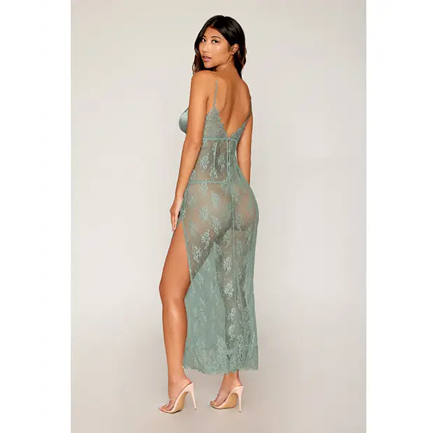 Eyelash Lace & Satin Long Chemise w/G-String - Sage Green SM - Lingerie - Hanging