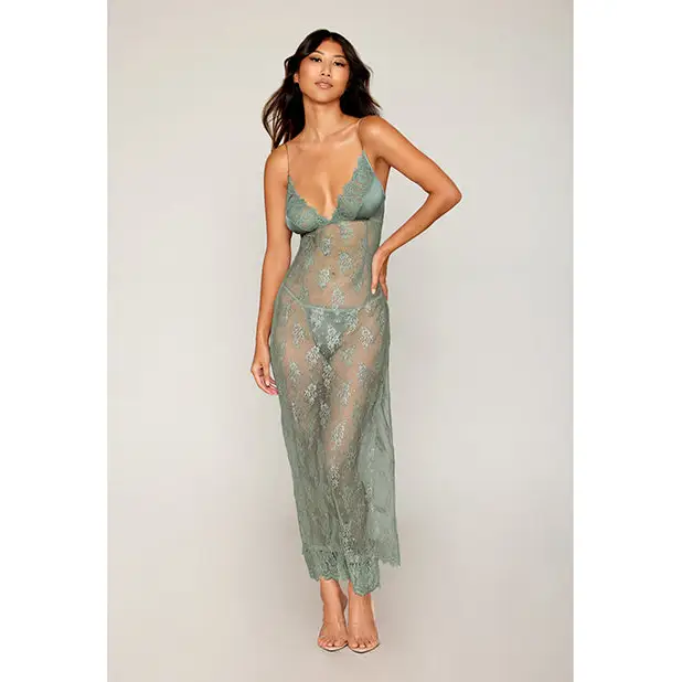 Eyelash Lace & Satin Long Chemise w/G-String - Sage Green SM - Lingerie - Hanging