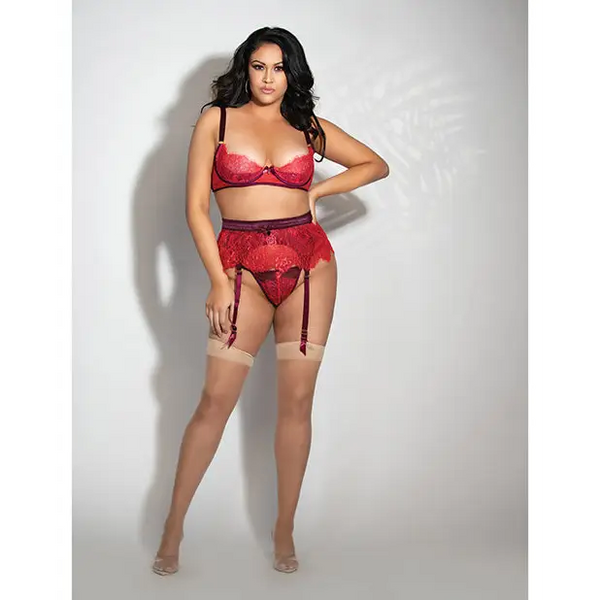 Eyelash Lace Underwire Bra Garter Skirt & G-String Red 3X/4X - Lingerie - Plus/Queen - Hanging