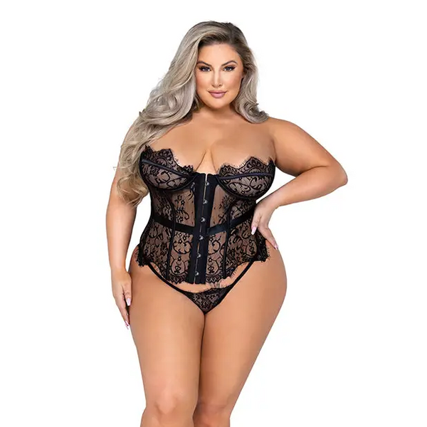 Fantasy Scalloped Eyelash Lace Bustier & Thong Black 2X - Lingerie - Plus/Queen - Hanging