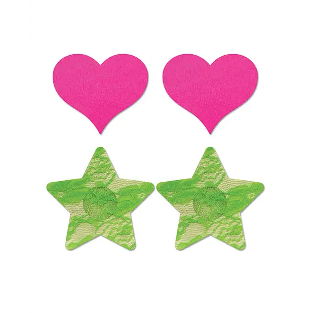 Fantasy UV Reactive Neon Heart & Lace Star Pasties - Pink & Green O/S Pack of 2 - Lingerie - Packaged