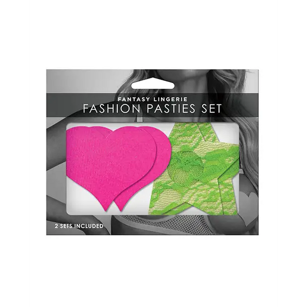 Fantasy UV Reactive Neon Heart & Lace Star Pasties - Pink & Green O/S Pack of 2 - Lingerie - Packaged