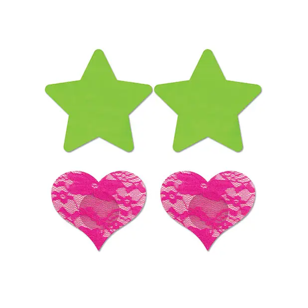 Fantasy UV Reactive Neon Star & Lace Heart Pasties - Green & Pink O/S Pack of 2 - Lingerie - Packaged