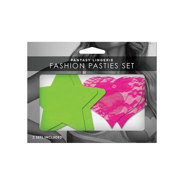 Fantasy UV Reactive Neon Star & Lace Heart Pasties - Green & Pink O/S Pack of 2 - Lingerie - Packaged