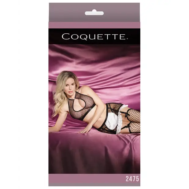 Fashion Dot Mesh Satin French Maid Halter Top & Skirt Black O/S - Lingerie - Packaged