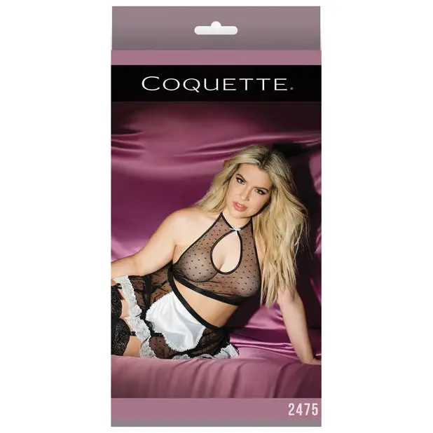 Fashion Dot Mesh Satin French Maid Halter Top & Skirt Black QN - Lingerie - Plus/Queen - Packaged