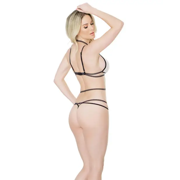 Fashion Stretch Lace Bralette & Crotchless Panty w/Harness White/Black O/S - Lingerie - Packaged