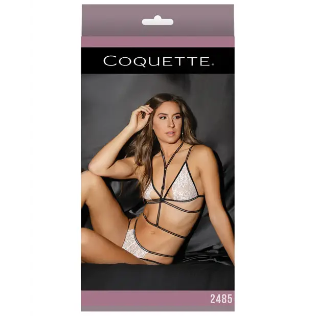 Fashion Stretch Lace Bralette & Crotchless Panty w/Harness White/Black O/S - Lingerie - Packaged