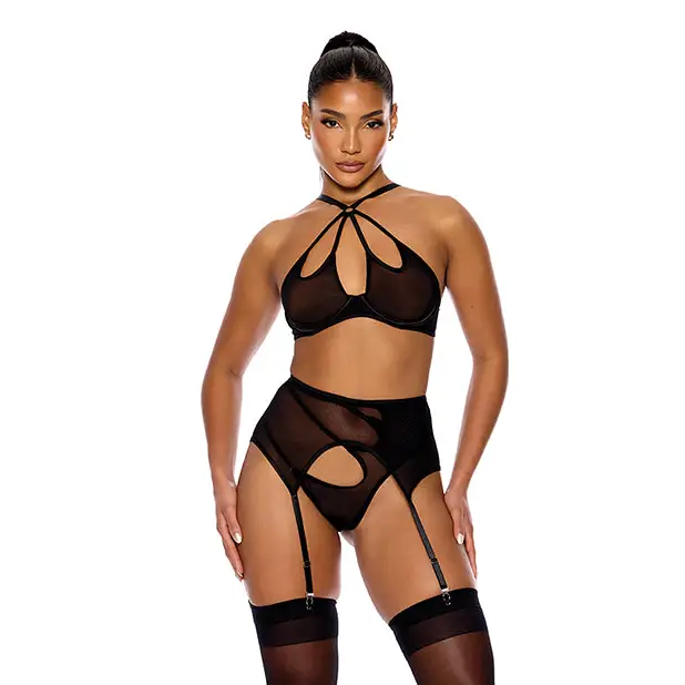 Feeling Butterflies Mesh Halterneck Bra w/Garter & Panty - Black XL - Lingerie - Hanging