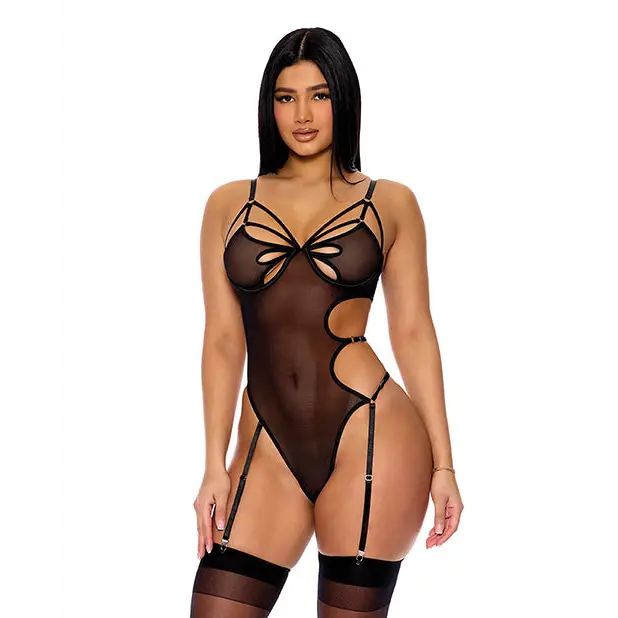 Feeling Butterflies Mesh Teddy w/Garters - Black XL - Lingerie - Hanging