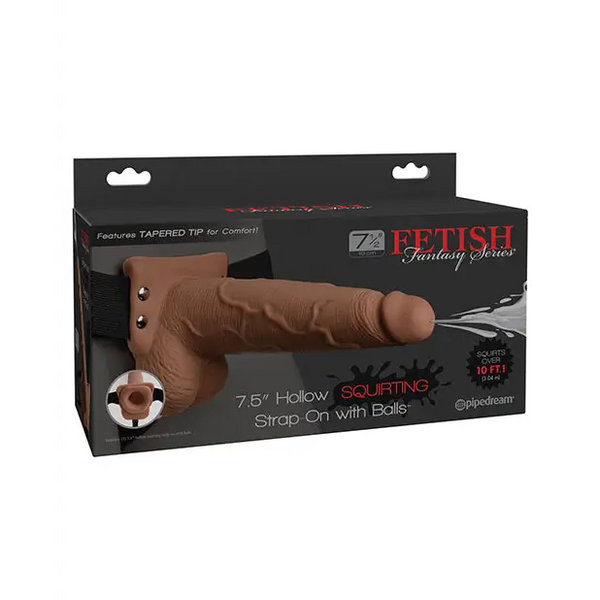 Fetish Fantasy Series 7.5’’ Hollow Squirting Strap On w/Balls - Tan - Strap Ons