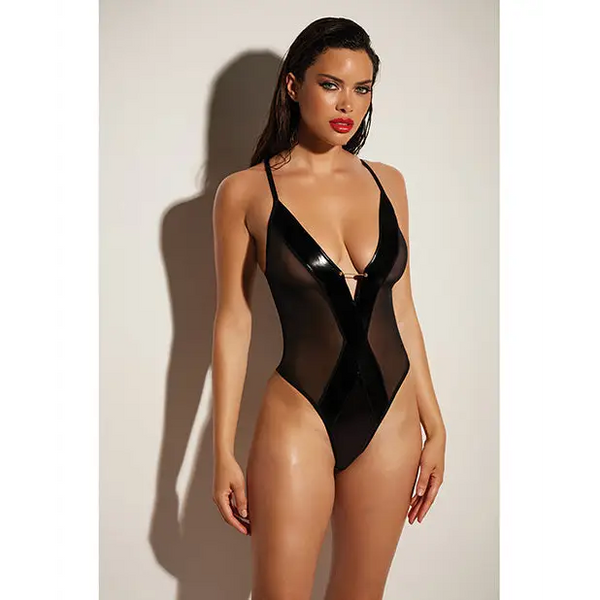 FETISH Finesse Soft Cup Vinyl & Mesh Teddy w/Barbell Black 1X/2X - Lingerie - Plus/Queen - Packaged