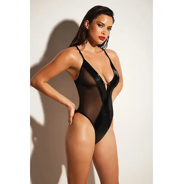 FETISH Finesse Soft Cup Vinyl & Mesh Teddy w/Barbell Black L/XL - Lingerie - Packaged