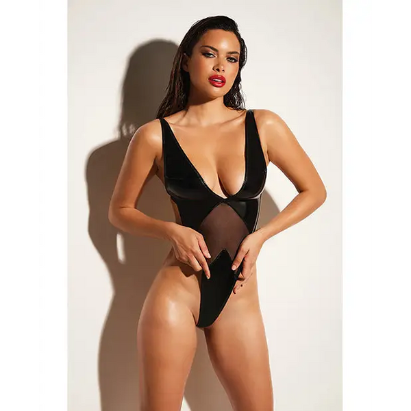 FETISH Limitless Soft Cup High Leg Vinyl & Mesh Teddy Black L/XL - Lingerie - Packaged