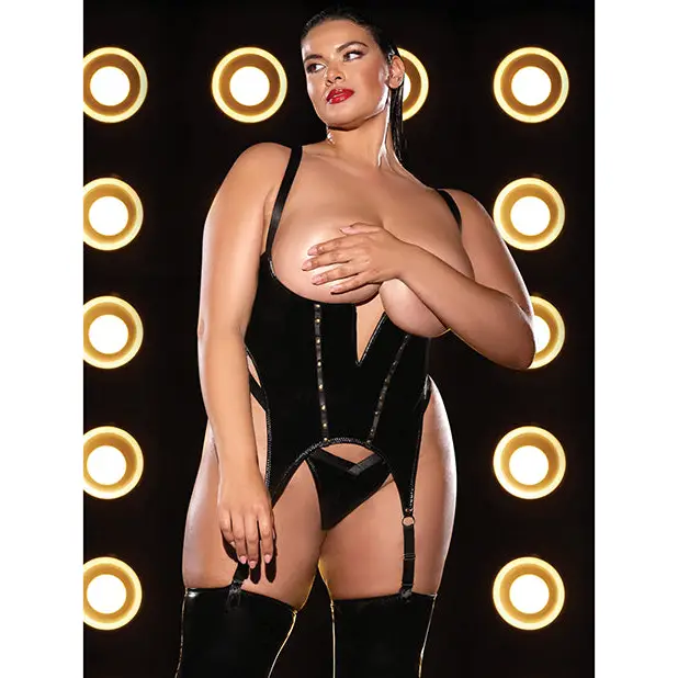 FETISH Open Cup Vinyl V-Wire Merrywidow w/G-String - Black 1X/2X - Lingerie - Plus/Queen - Hanging