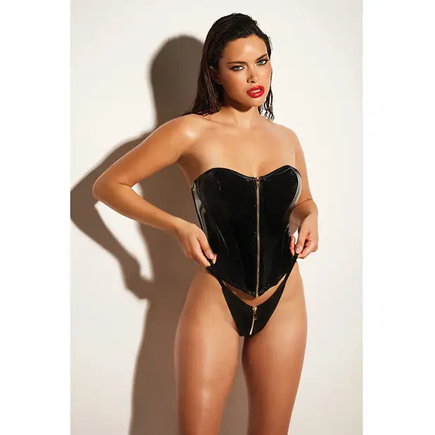 FETISH Rider Vinyl Bustier w/Front Zipper & Panty Black 2X - Lingerie - Plus/Queen - Hanging
