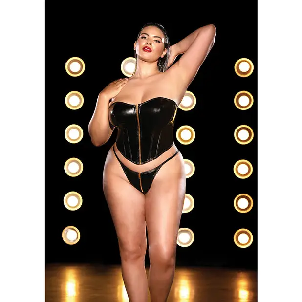 FETISH Rider Vinyl Bustier w/Front Zipper & Panty Black 2X - Lingerie - Plus/Queen - Hanging