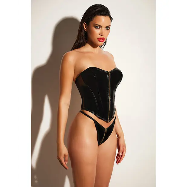 FETISH Rider Vinyl Bustier w/Front Zipper & Panty Black SM - Lingerie - Hanging