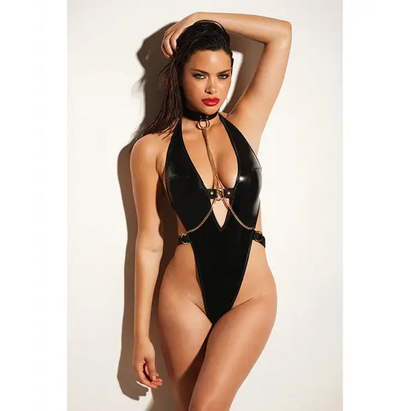FETISH Submissive V-Plunge Vinyl Teddy w/Removable Chain Harness & Hand Cuff Black L/XL - Lingerie - Packaged