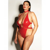 FETISH Submissive V-Plunge Vinyl Teddy w/Removable Chain Harness & Hand Red 1X/2X