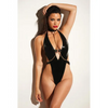 FETISH Submissive V-Plunge Vinyl Teddy w/Removable Chain Harness & Hand Cuff Black 1X/2X - Lingerie - Plus/Queen