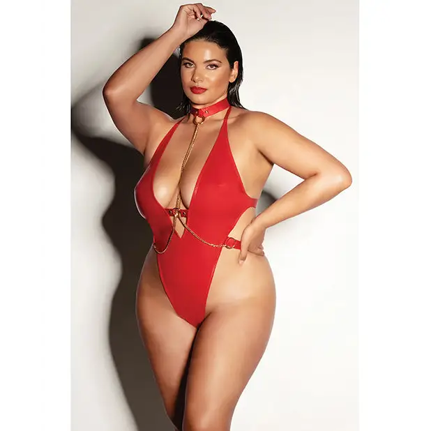 FETISH Submissive V-Plunge Vinyl Teddy w/Removable Chain Harness & Hand Red 1X/2X