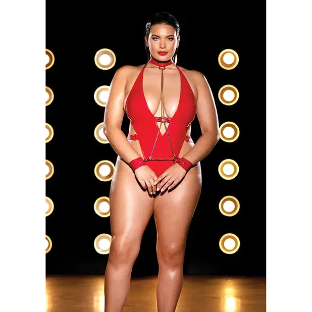 FETISH Submissive V-Plunge Vinyl Teddy w/Removable Chain Harness & Hand Red 1X/2X