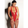 FETISH Submissive V-Plunge Vinyl Teddy w/Removable Chain Harness & Hand Red S/M