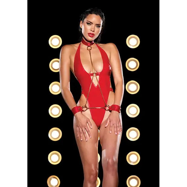 FETISH Submissive V-Plunge Vinyl Teddy w/Removable Chain Harness & Hand Red S/M