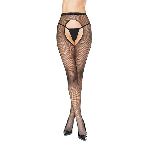 Fishnet Natural Waist Crotchless Pantyhose Black O/S - Lingerie - Packaged