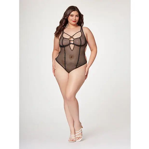 Fishnet Strappy High Cut Leg Teddy Black 1X/2X - Lingerie - Plus/Queen - Hanging