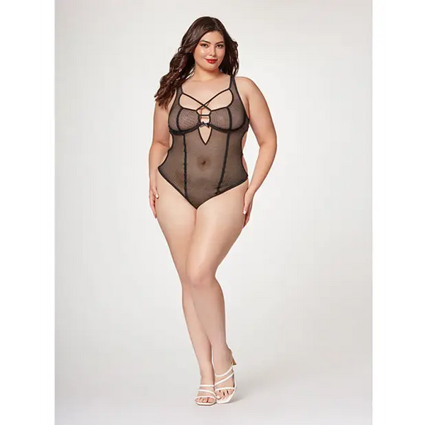 Fishnet Strappy High Cut Leg Teddy Black 3X/4X - Lingerie - Plus/Queen - Hanging
