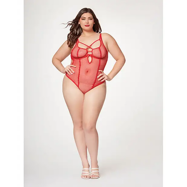 Fishnet Strappy High Cut Leg Teddy Red 3X/4X - Lingerie - Plus/Queen - Hanging
