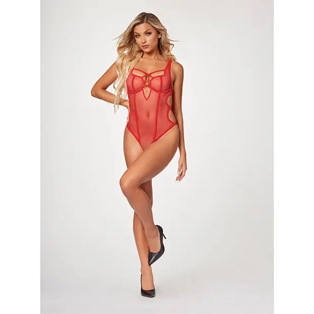 Fishnet Strappy High Cut Leg Teddy Red SM - Lingerie - Hanging