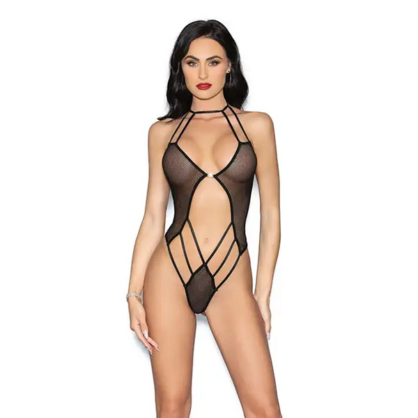 Fishnet Teddy w/Jewel Detail Black O/S - Lingerie - Packaged