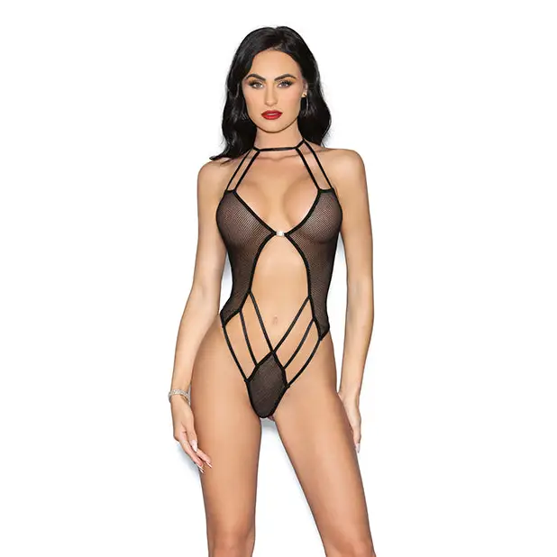 Fishnet Teddy w/Jewel Detail Black O/S - Lingerie - Packaged
