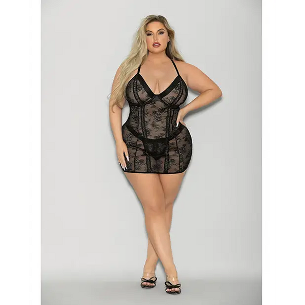 Flame Fetish Boss Lady Lace Up Back Chemise & Wide Band Thong Black 1X/2X - Lingerie - Plus/Queen - Hanging