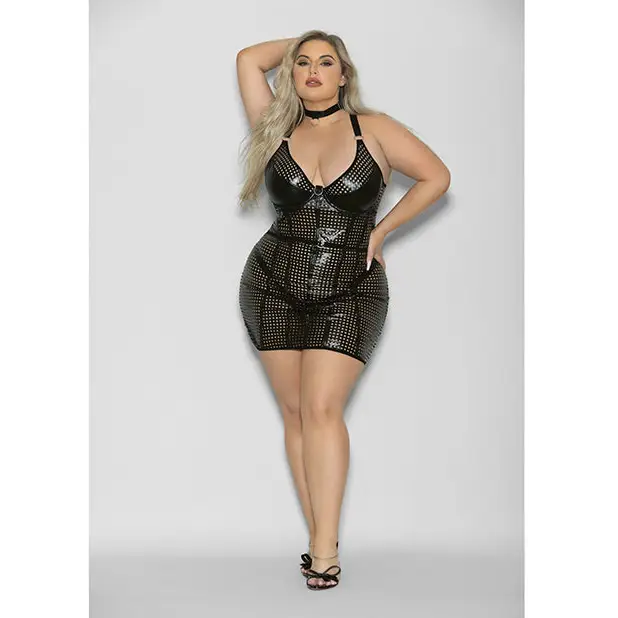 Flame Fetish Mistress Lasercut Lattice Chemise w/Choker & Thong Black 1X/2X - Lingerie - Plus/Queen - Hanging