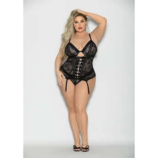 Flame Fetish Soulmate Lace Up Bustier & Wide Band Thong Black 1X/2X - Lingerie - Plus/Queen - Hanging