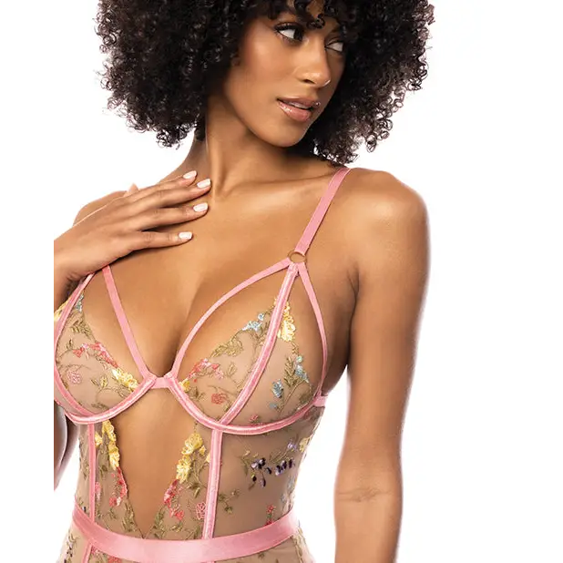 Floral Embroidered Teddy w/Underwire Cup & Garters Pink Large - Lingerie - Packaged
