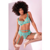 Floral Lace Bra Garter Belt & Panty Aqua S/M - Lingerie - Packaged